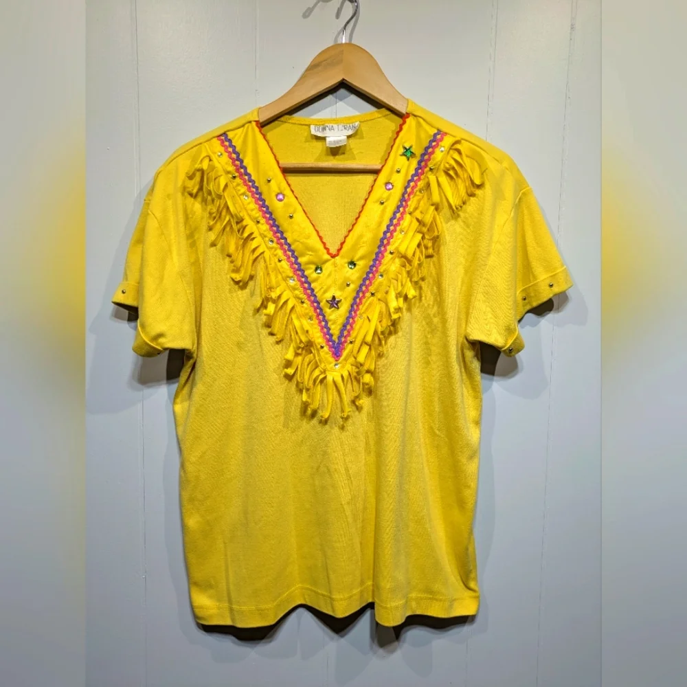 Donna Toran Western Fringe Shirt In Yellow Size Large Rhinestones 80s‎